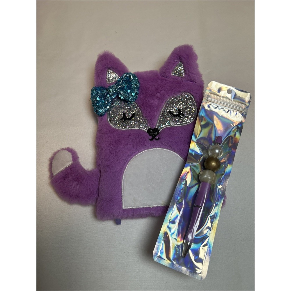 Fuzzy Novelty Purple Fox‎ Notebook Matching Pen Diary Writing Book Animal 1689